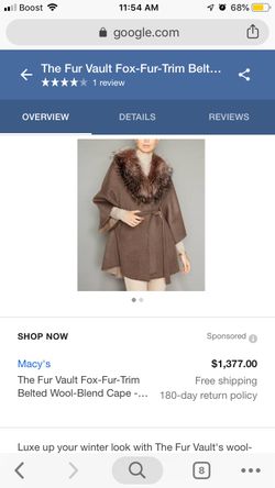 29” woolblend cape, dyed fox shawl collar, short sleeve w/belt(real fur)