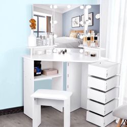 New white Corner Vanity Desk With Lights