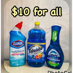 CLEANING PRODUCTS, Fabuloso 56 fl oz, Dawn Powerwash 16 fl oz & Clorox toilet bleach gel 24 fl oz