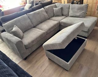 Gray Corduroy Sectional Sofa with Storage Ottoman