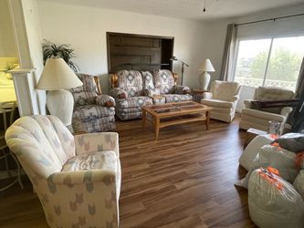 Couch, recliner, end tables and 3 chairs