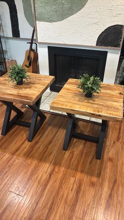 Rustic Wood and Metal End Table Set