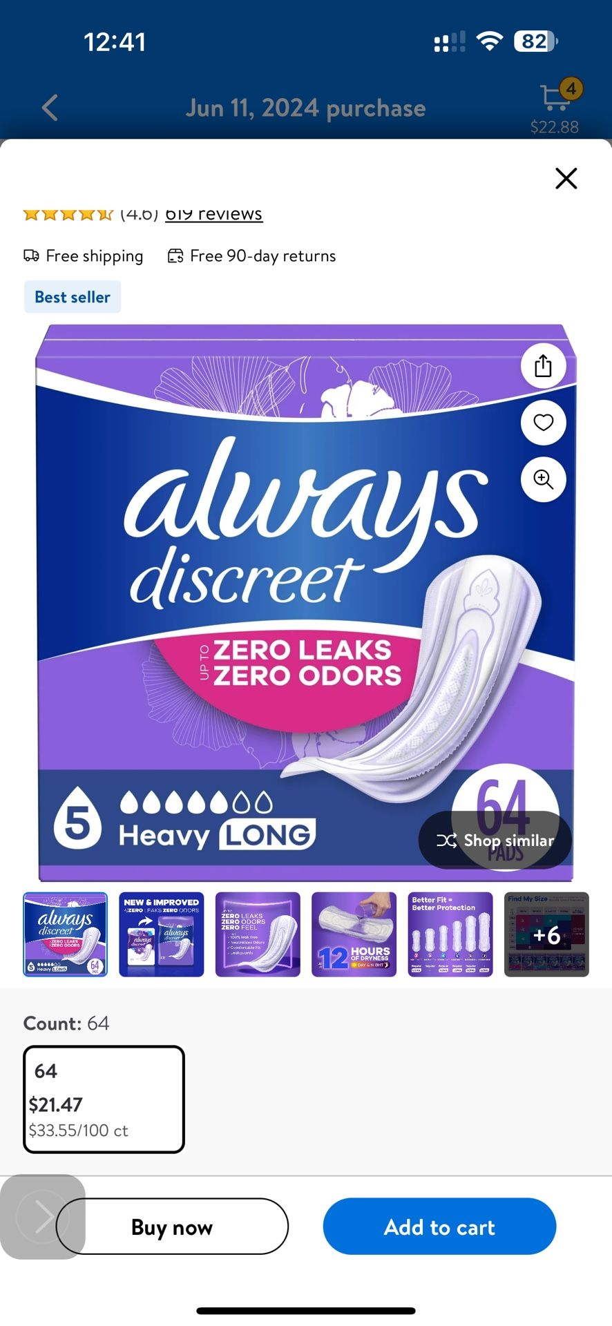 New Always Discreet Incontinence Pads, Heavy Absorbency, Long Length, Lightly Scented 64 CT