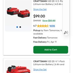 CRAFTSMAN V20 20 -V 2 -Pack Lithium-ion Battery ( 4.0 Ah and 4.0 Ah )