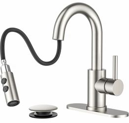 FORIOUS Bathroom Faucet 1 Hole Single Handle with Pull Down Sprayer Nickel with 6-inch Deck Plate for 1 or 3 hole(4-inch centerset) Setup, Swivel Sink