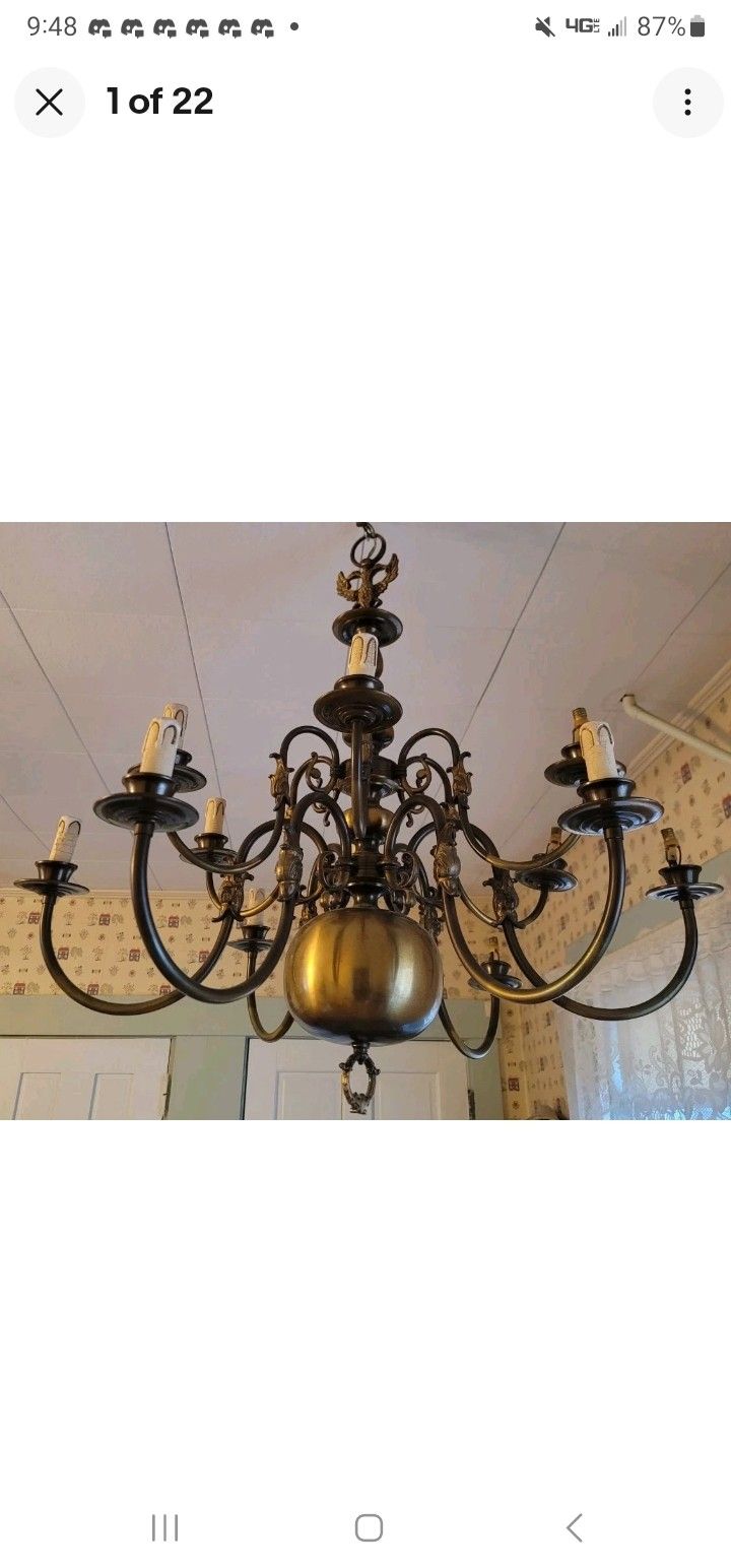 Flemish Dutch Chandelier 12 Arm Lights Brass Belgian Nautical Sea Monster Fish