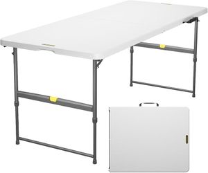 B68 $60  6ft Portable Folding Table, 3 Heights, One-Handed Height Adjustment, Gravity Lock, Carry Handle, Indoor Outdoor Heavy Duty Fold-in-Half Utili