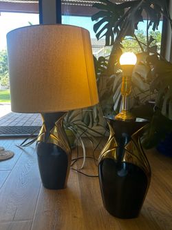 1980s Deco Style Black and Gold Ceramic Lamp Set