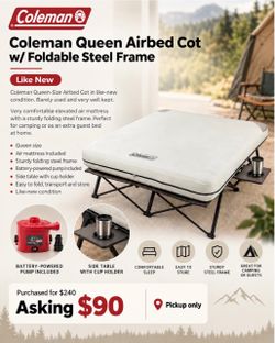 Coleman Queen Airbed Cot w/ Foldable Steel Frame – Like New