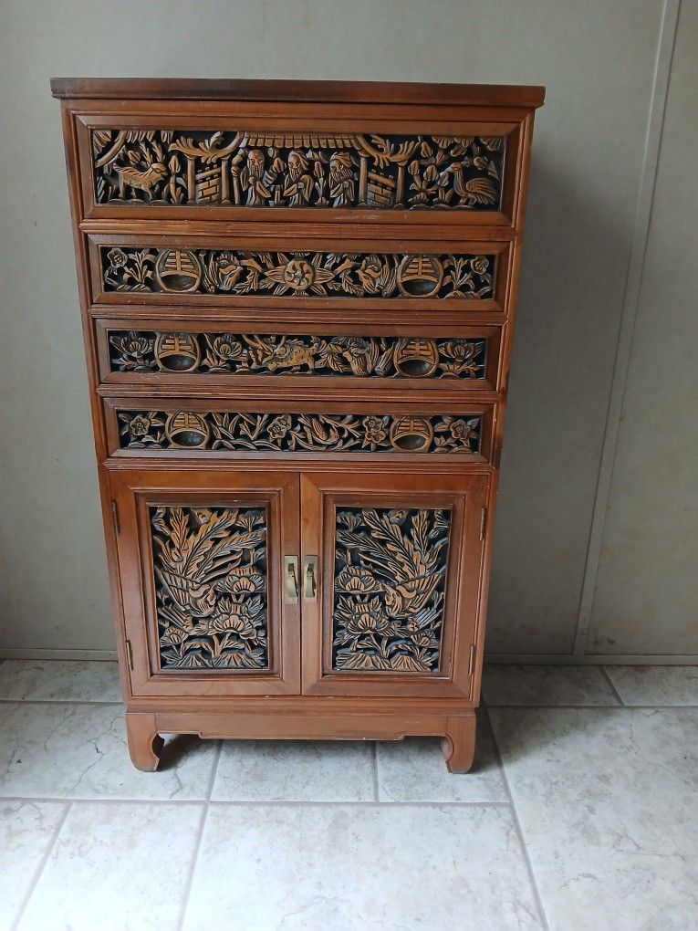 Carved Wooden Oriental Silverware Chest