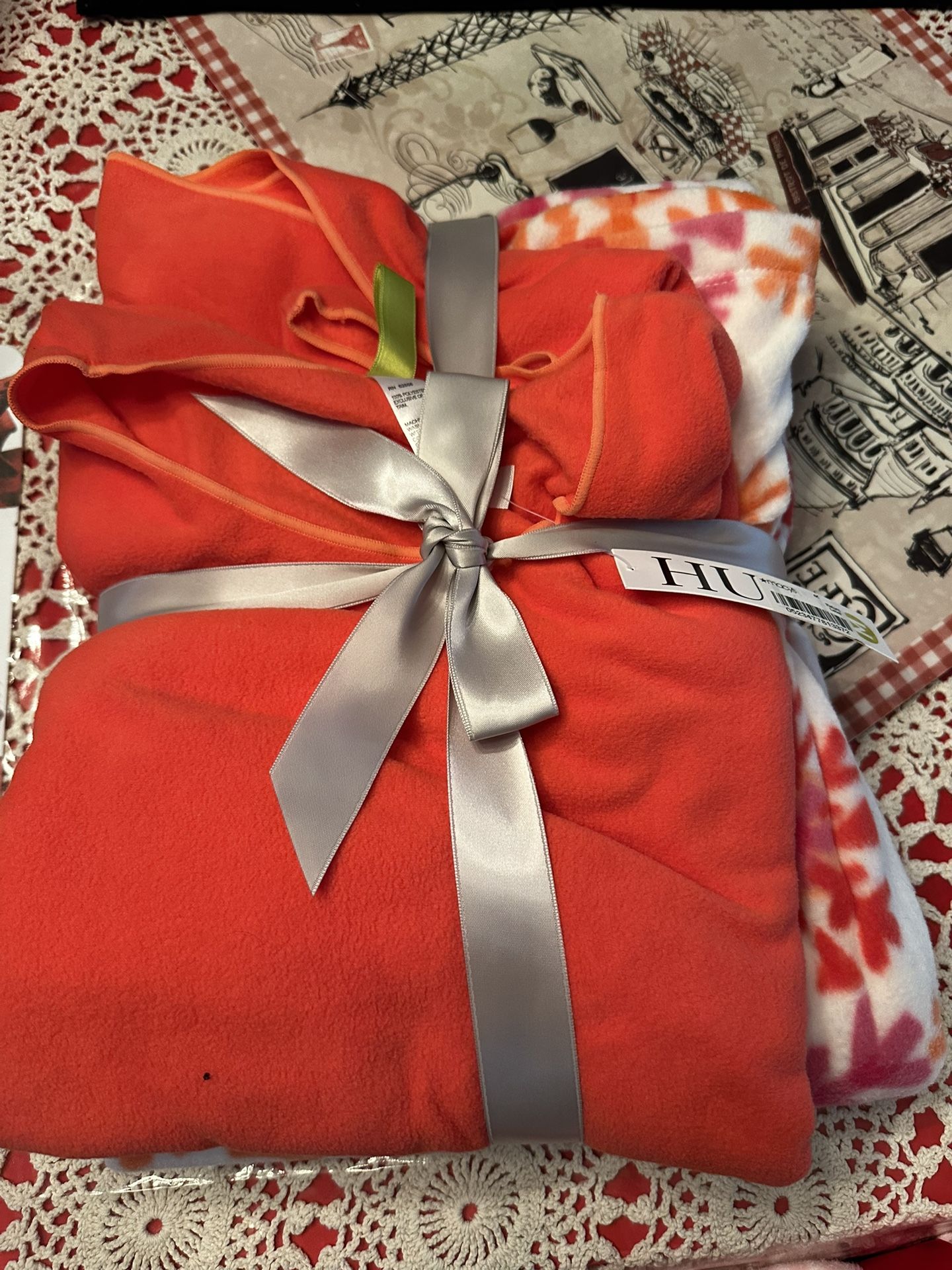 Bright Orange Fleece Blanket with Tie-Dye Accents, Size M