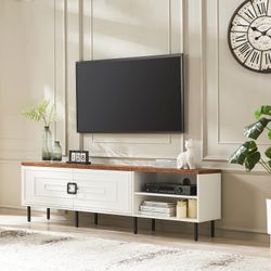 White TV Stand for Living Room, 70" Farmhouse TV Stand for 50/60/70/80 inch TV, Modern Entertainment Center with Adjustable Shelf and Cabinets, Long M