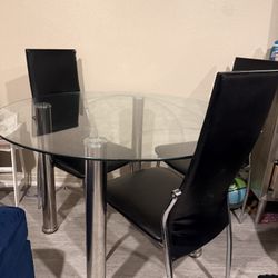 Modern Round Glass Dining Table Set – 4 Black Chairs – Chrome Legs