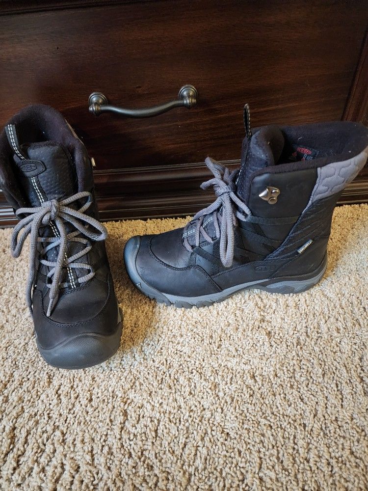 Women Keen Black Leather Winter Snow Boots Rain