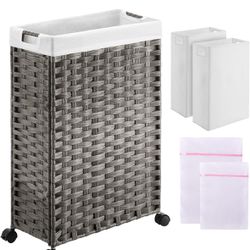 Laundry Hamper with Wheels, 30L Slim Laundry Basket with 2 Removable Liner Bags & 2 Mesh Bags