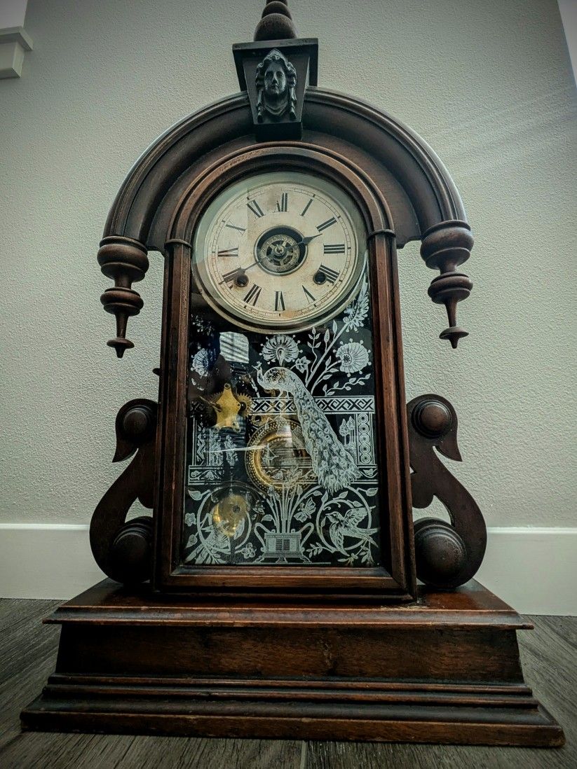 June 18,1882 Antique Ansonia Clock Company, New York. Parisian tear drop parlor style. Mahogany or Walnut wood?  Beautiful gong chime, plus alarm 