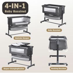 Bedside Crib, 3 in 1 Bassinet with Quick Height Adjustment and Mosquito Nets Rocking Bassinet for Baby, Bedside Bassinet with Wheels, Easy to Fold, Go
