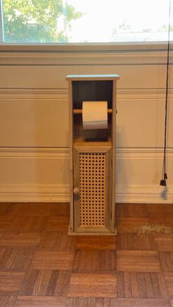 Freestanding Natural Wood Toilet Paper Holder with Cane Storage Cabinet – $35 OBO