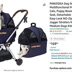 PAWZIDEA Pet Stroller 4 In 1, Cat/Dog Strollers For Small Medium Dogs, Detachable Travel Carrier W/Easy-Lock NO-Zip Canopy, Seatbelt Puppy Booster Car