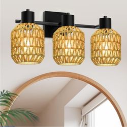 Bathroom Vanity Light, 3 Lights Boho Rattan Bathroom Lighting fixtures Over Mirror, Farmhouse Vanity Lighting Fixtures with 330° Adjustable Wo
