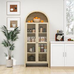 70" Tall Arched Cabinet with Acrylic Door, Boho Arched Kitchen Pantry Cabinet with Open & Adjustable Shelves, Modern Farmhouse Storage Cabinets for Ki