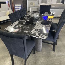 78”L Dining Table With Black Stone Top + 6 Black Dining Chairs