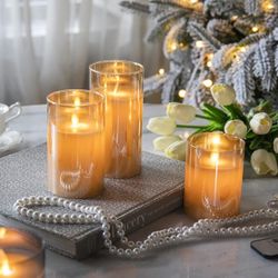 S/3 Flickering Flameless LED Candles Battery Operated with Timer, Remote Control, LED Pillar Candles - Amber