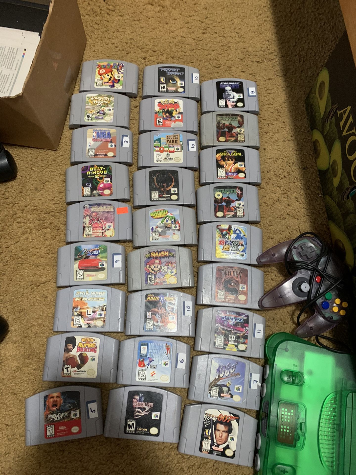64 Games And Green N64 With Purple Controller 