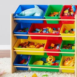 Basics Kids Toy Storage Organizer With 12 Plastic Bins, Natural Wood With Bright Bins, 10.9" D x 33.6" W x 31.1" H
