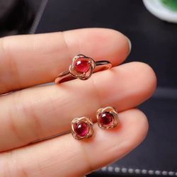 S925 silver inlaid pomegranate red open ring women’s earrings women’s red garnet fashion personality open women’s ring for girlfriend