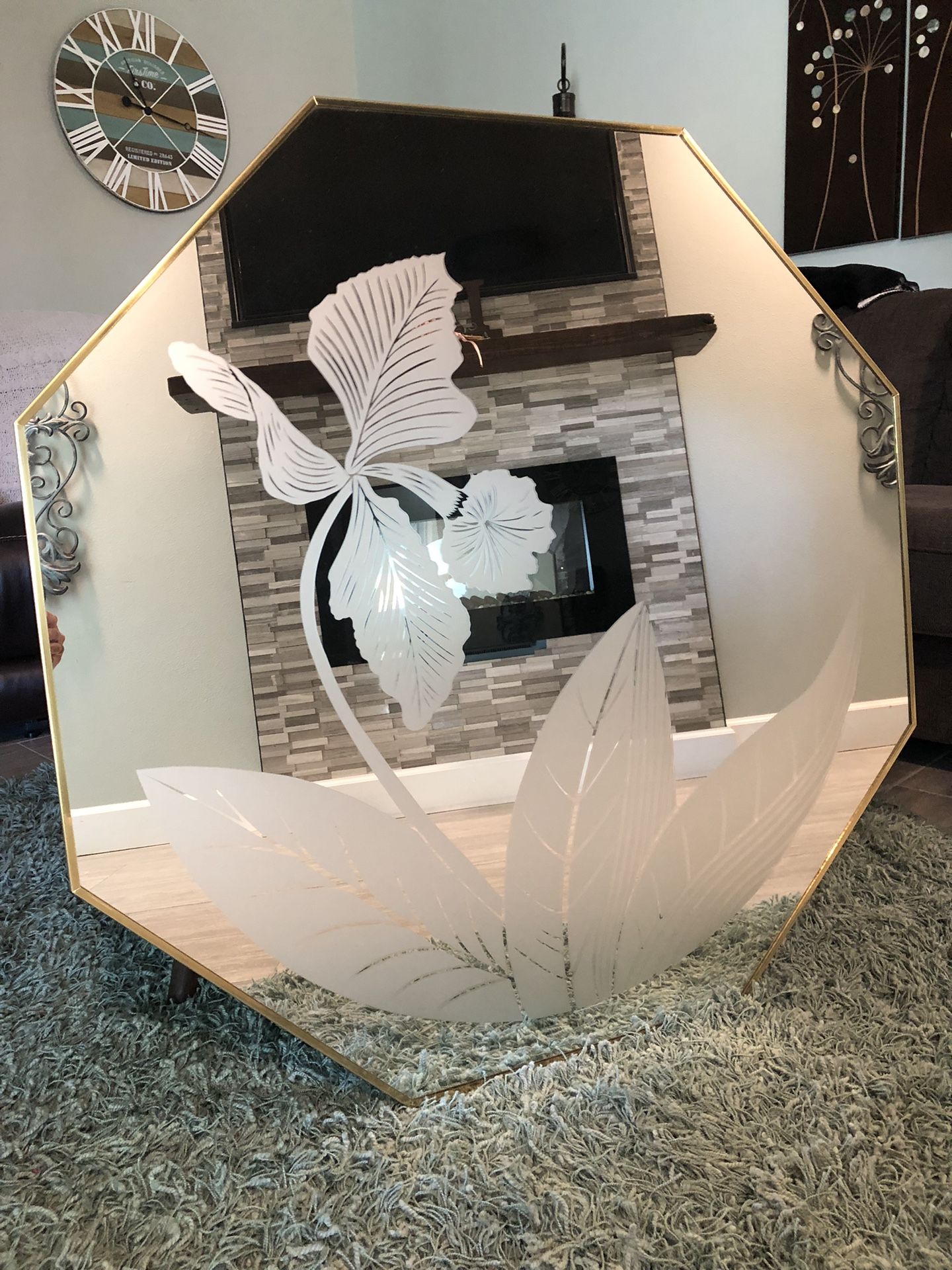 Mid Century Modern Vintage Art Etched Floral Octagonal Wall Mirror/Gold Framed