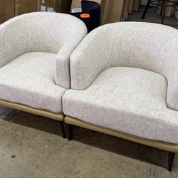 New assembled set of 2 Modern Two-Tone Upholstered Barrel Accent Armchair for Living Room Lounge Reading Nook Comfortable Seating with Sturdy Metal Le