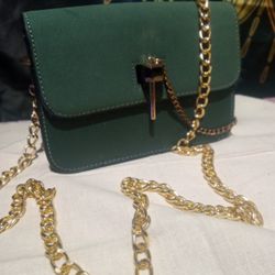 Green Velvet Clutch Bag  With Gold Chain And Pin Clasp