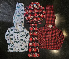 Lot of 3 Size 3T Boy's or Girl's Christmas Pajamas Button Up 2 Piece Checkered, Mickey Mouse, Moose