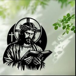 Room Decor 1pc Wood or Iron Jesus Reading Bible Wall Art Sculpture, Christian Religious Decor Hanging Ornament for Home, Garden, Patio, Indoor & Outdo