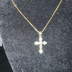 14KT Box Necklace W/Cross/Diamonds