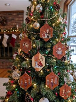 Set of 6 Cedar Wood Christmas Hanging Ornaments Santa Snowman Nutcracker, 4 in