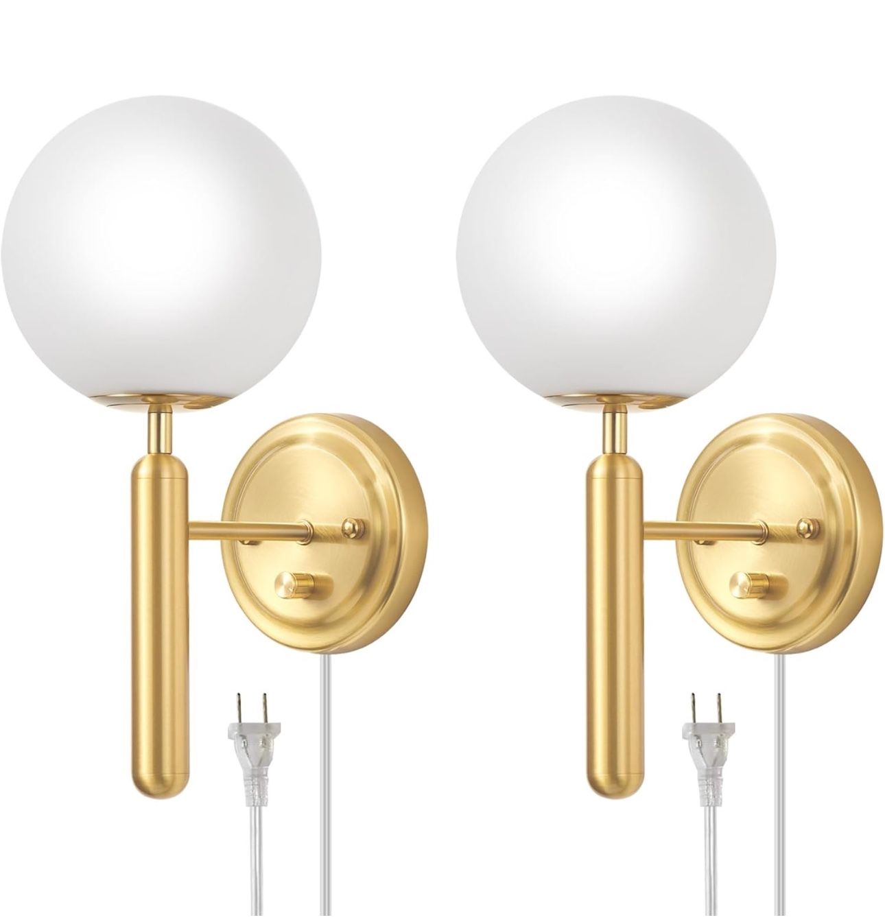 Dimmable Plug in Wall Sconces Set of 2 Hardwired or Plug in Luxury Wall Light with Switch Cord Gold Corded Sconce Glass Globe Modern Wall Mounted La