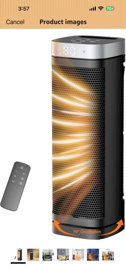 Space Heater, WINHL 17 Inches Electric Heaters for Indoor Use with Thermostat and Remote, 70°Oscillation, 12H Timer, 5 Modes, 1500W PTC Ceramic Fast S