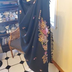 Vintage Black Wool Shawl/Large Scarf Embroidered Floral Hopeless Romantic