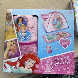 New Disney Princess 4 piece kids camping set includes sleeping bag, dome tent, backpack & flash light  