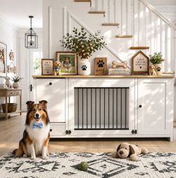 55 Inch Dog Crate Furniture with Storage,Dog Kennel Indoor with Secure Lock & 2 Large Drawers,Decorative Furniture Style Wooden Dog Crates TV Stand fo
