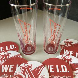 🔥 (2) New Budweiser Pint Beer Glasses + (10) Bar Coasters 