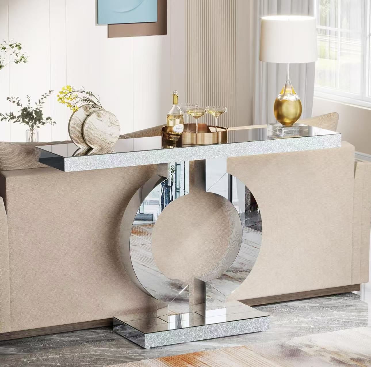 Modern Mirrored Console Table, Glass Sofa Table with Mirror Finish $200