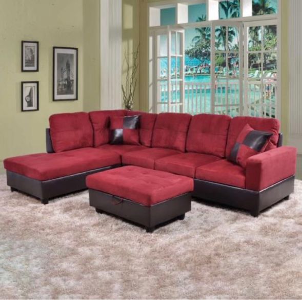 Red Microfiber Sectional Sofa W/ Ottoman And Pillows Brand New In Boxes