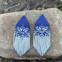 Blue And White Snowflake Beaded Earrings, New, Handmade By Me