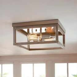 12” Farmhouse Flush Mount Ceiling Light – Brushed Nickel & Wood (2-Light Coastal Style) 
