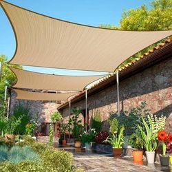NEW 14' x 14' Sand Sun Shade Sail UPF50 Square Canopy Fabric Cloth Screen Water Air Permeable & UV Resistant Heavy Duty Carport Patio Outdoor