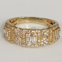 10k Yellow Gold Mult-Row Diamond Cluster Ring -Baguette & Round Diamonds,  Statement Band Size 10