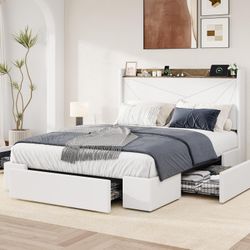 Full Size Velvet Bed Frame with 3 Storage Drawers, Upholstered Platform Bed with Wingback Storage Headboard and USB Ports, No Box Spring Needed, Easy 
